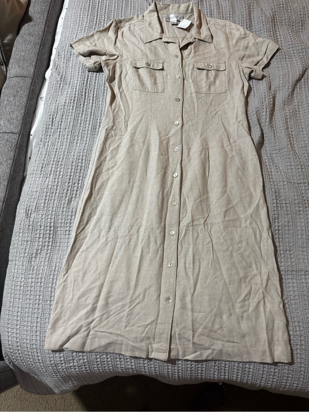 Casual Corner Beige Button-Front 100% Linen Midi Dress